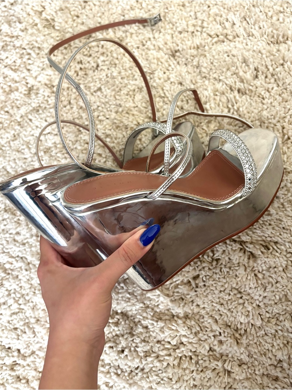 Metallic Silver Chrome Platform Wedge Sandals with Crystal Straps